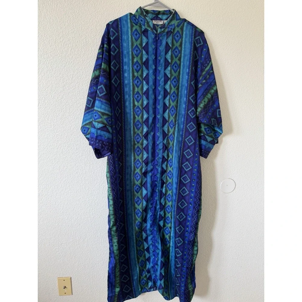Sante Classics Women M Blue Green Geometric Print Button Front Long Dress Zipper